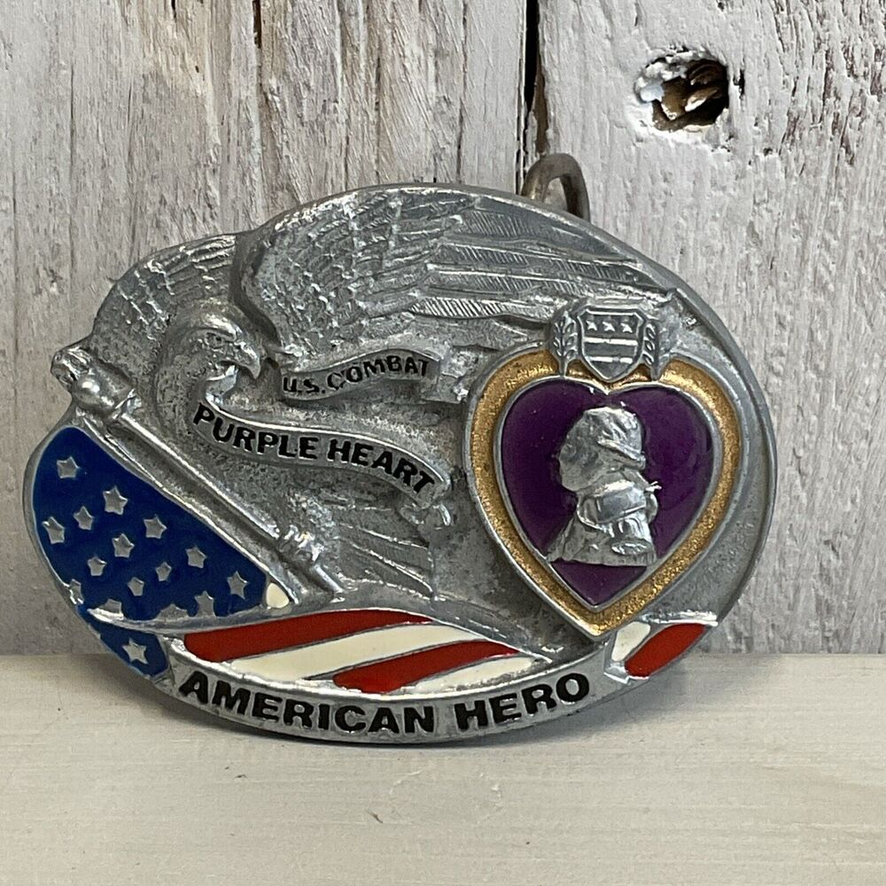 American Hero Belt Buckle 1996 Mens US Combat Purple Heart Dimensional Patriotic